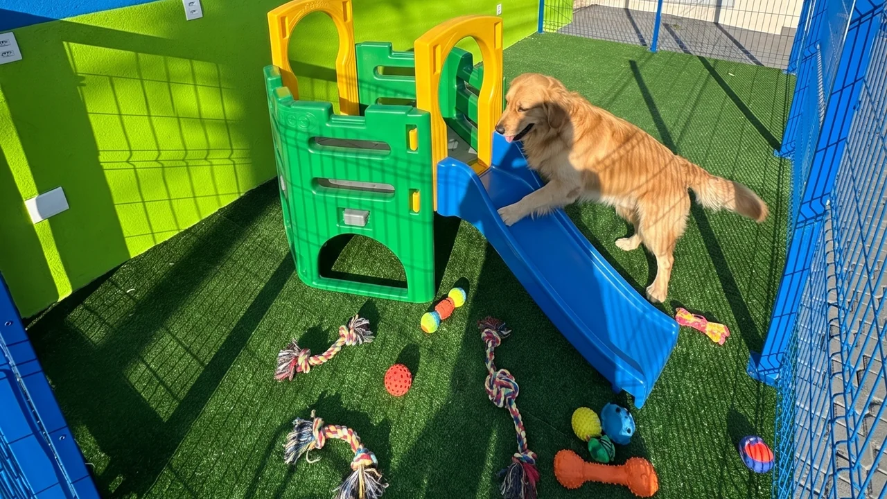 Cachorro brincando no espaço pet da Vital Store